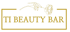 Goldenes Logo „TI BEAUTY BAR“ mit einer Hand, die eine Rose über dem Text hält, auf dunkelgrünem Hintergrund.