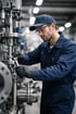 Ein Mechaniker in blauer Arbeitskleidung, Schutzbrille und Mütze arbeitet mit einem Schraubenschlüssel an einer Industriemaschine.