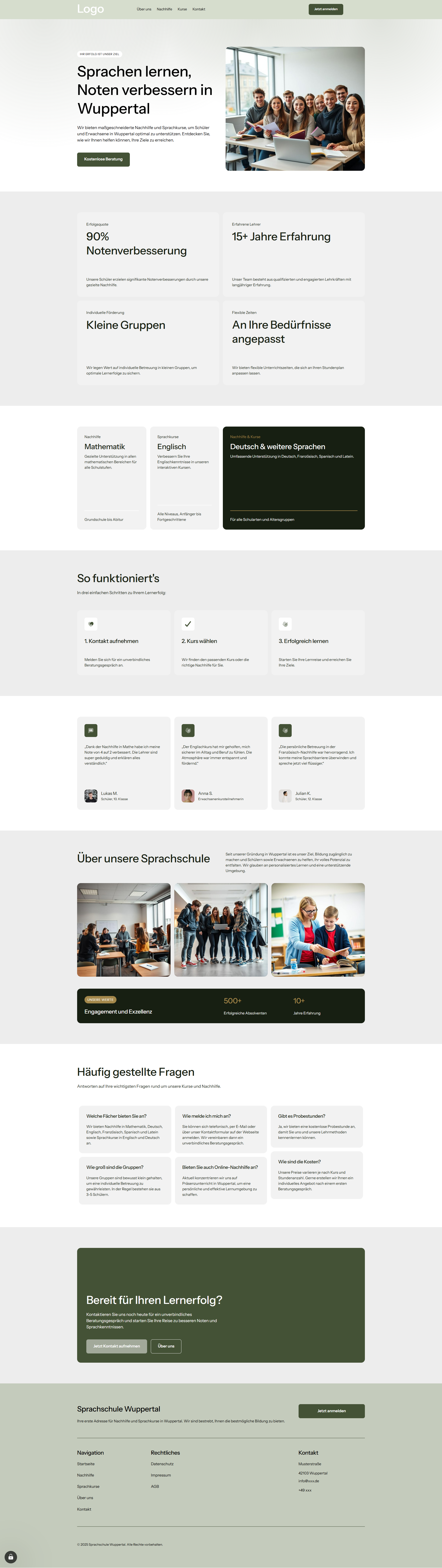 Zu sehen ist die fiktive Webseite einer Sprachenschule aus Wuppertal. Alle gezeigten Inhalte wie Bilder, Personen und Texte haben keinen realen Bezug und sind KI generiert.