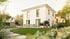 Modernes, weißes Einfamilienhaus mit Terrasse und Garten, sonniger Tag