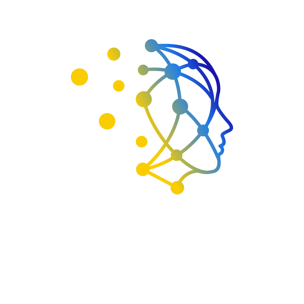 Stilisierter Kopf, dargestellt durch ein blau-gelbes neuronales Netz, mit gelben Kreisen, die links davon aufsteigen.