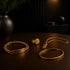 Goldenes Armband, Ring, Halskette und Armreif auf dunklem Holztisch mit Vase und Pflanze.