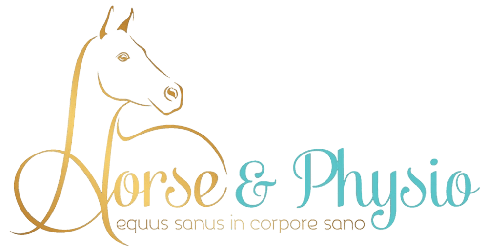 Goldfarbenes Pferdekopf-Logo mit "Horse & Physio" und "equus sanus in corpore sano" auf dunkelgrünem Hintergrund.