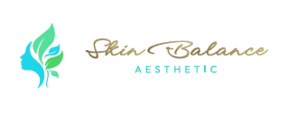 Logo mit Frauenprofil, Blättern und Text "Skin Balance AESTHETIC" in Gold und Türkis auf dunkelgrünem Hintergrund.