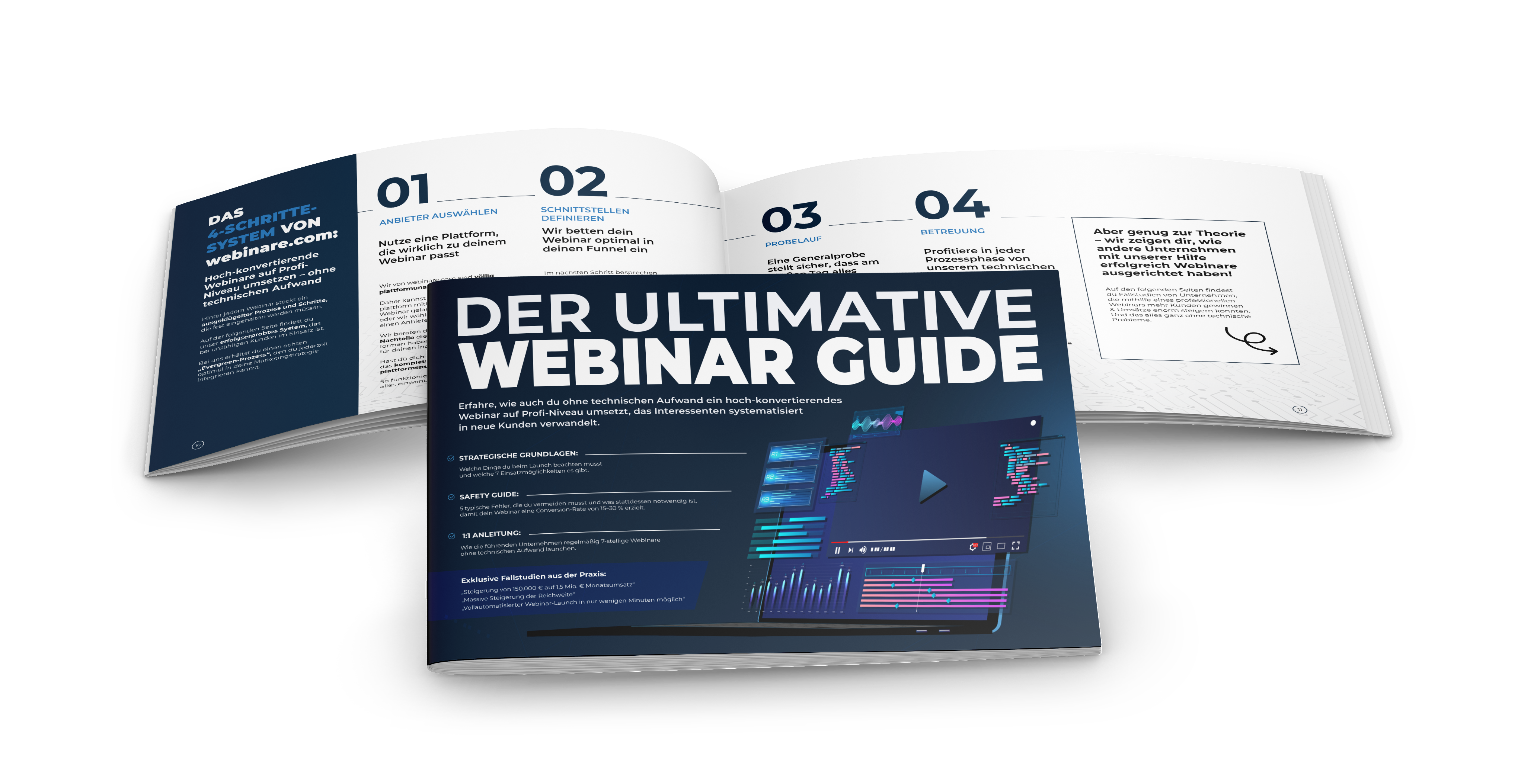 Aufgeschlagene Broschüre: Der ultimative Webinar Guide