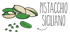 Pistazien mit Schalen und Kernen auf grünem Hintergrund, daneben Text "PISTACCHIO SICILIANO".
