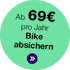 Grüner Kreis mit Text: "Ab 69€ pro Jahr Bike absichern" und einem lila Pfeil-Icon.