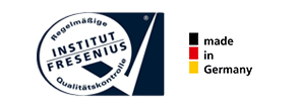 Siegel "Regelmäßige Qualitätskontrolle Institut Fresenius" und "made in Germany" in den Farben der deutschen Flagge.
