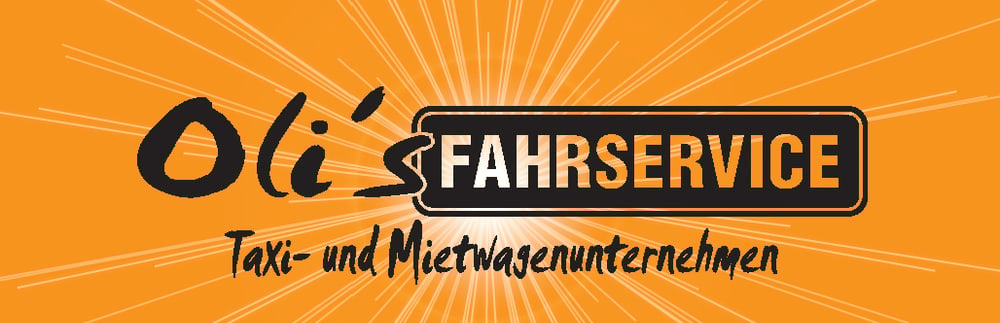 Logo: Oli’s FAHRSERVICE Taxi- und Mietwagenunternehmen auf orangefarbenem Hintergrund.