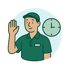 Mann in grüner Uniform winkt, daneben eine Uhr.
