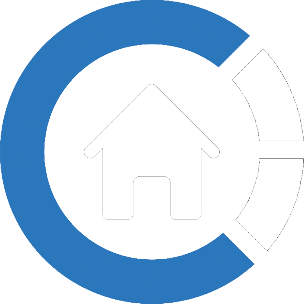 Ein weißes Haus-Symbol in einem blauen und weißen Kreis.