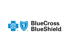 Blue Cross Blue Shield logo featuring a blue cross with a human figure and a shield with a caduceus on a black background.