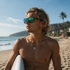 Blonder Mann mit Sonnenbrille und Surfbrett schaut am Strand auf das Meer.