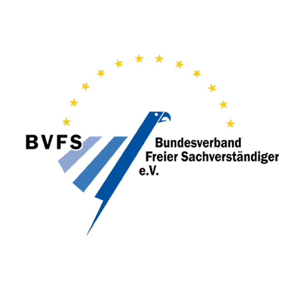 BVFS-Logo: Weißer Pinselstrich mit blauem Adler und Schriftzug "Bundesverband Freier Sachverständiger e.V."