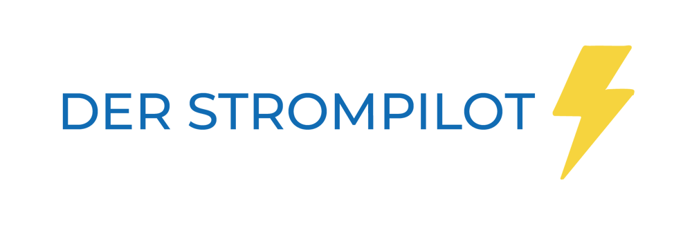 Blue text "DER STROMPILOT" with a yellow lightning bolt icon to the right on a dark green background.