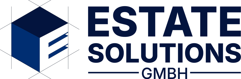 Logo von Estate Solutions GmbH mit einem blauen Kubus und einem stilisierten "E" im Raster.