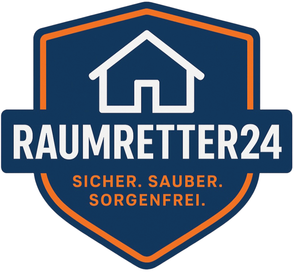 Raumretter24 Logo: Haus-Symbol, Text "RAUMRETTER24", Slogan "SICHER. SAUBER. SORGENFREI." auf blauem Schild.