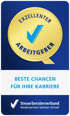 Goldenes Siegel "Exzellenter Arbeitgeber" mit blauem Haken, darunter "BESTE CHANCEN FÜR IHRE KARRIERE" und "Steuerberaterverband".