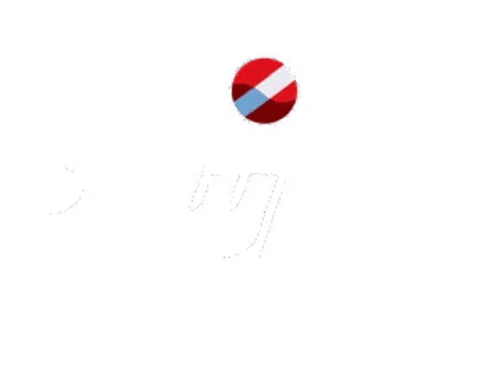 Weißes „Calypso“-Logo mit Delfinen und rotem, weißem und blauem Emblem.