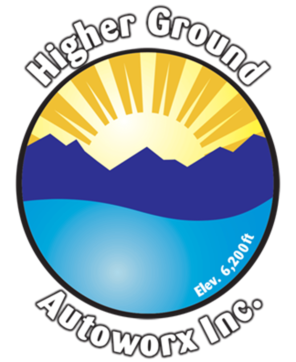 Logo for Higher Ground Autoworx Inc. with mountains, sun, water, and "Elev. 6,200ft".