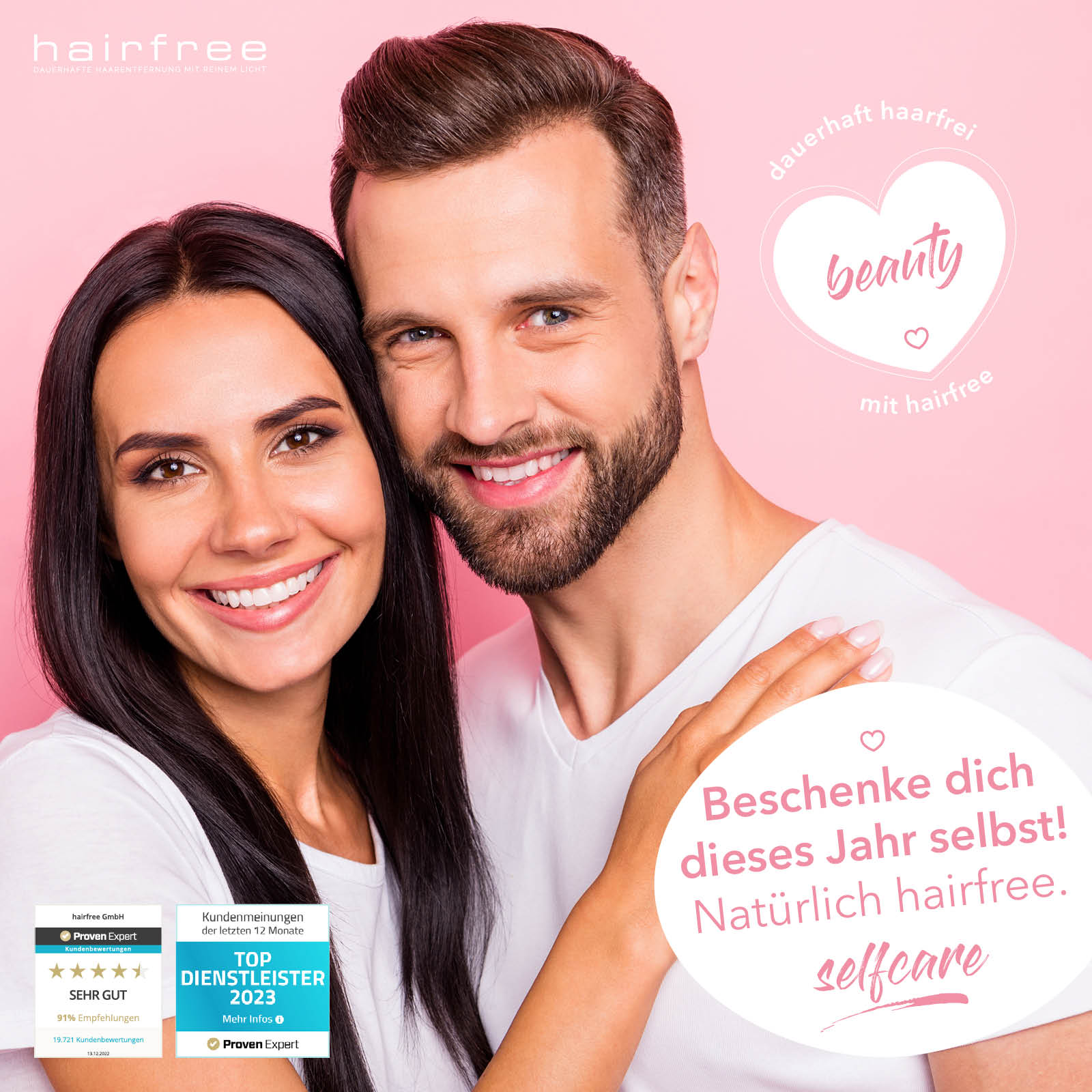 Anzeige hairfree: Paar vor rosa Hintergrund, „Beschenke dich dieses Jahr selbst!“
