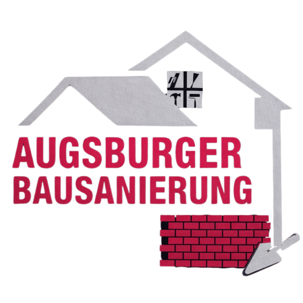 Graues Hauslogo mit roter Ziegelwand, Kelle und Text "AUGSBURGER BAUSANIERUNG".