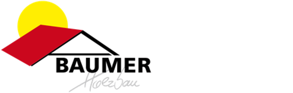 Logo mit gelber Sonne, roter Fläche und dem weißen Schriftzug Holzbau auf schwarzem Hintergrund.