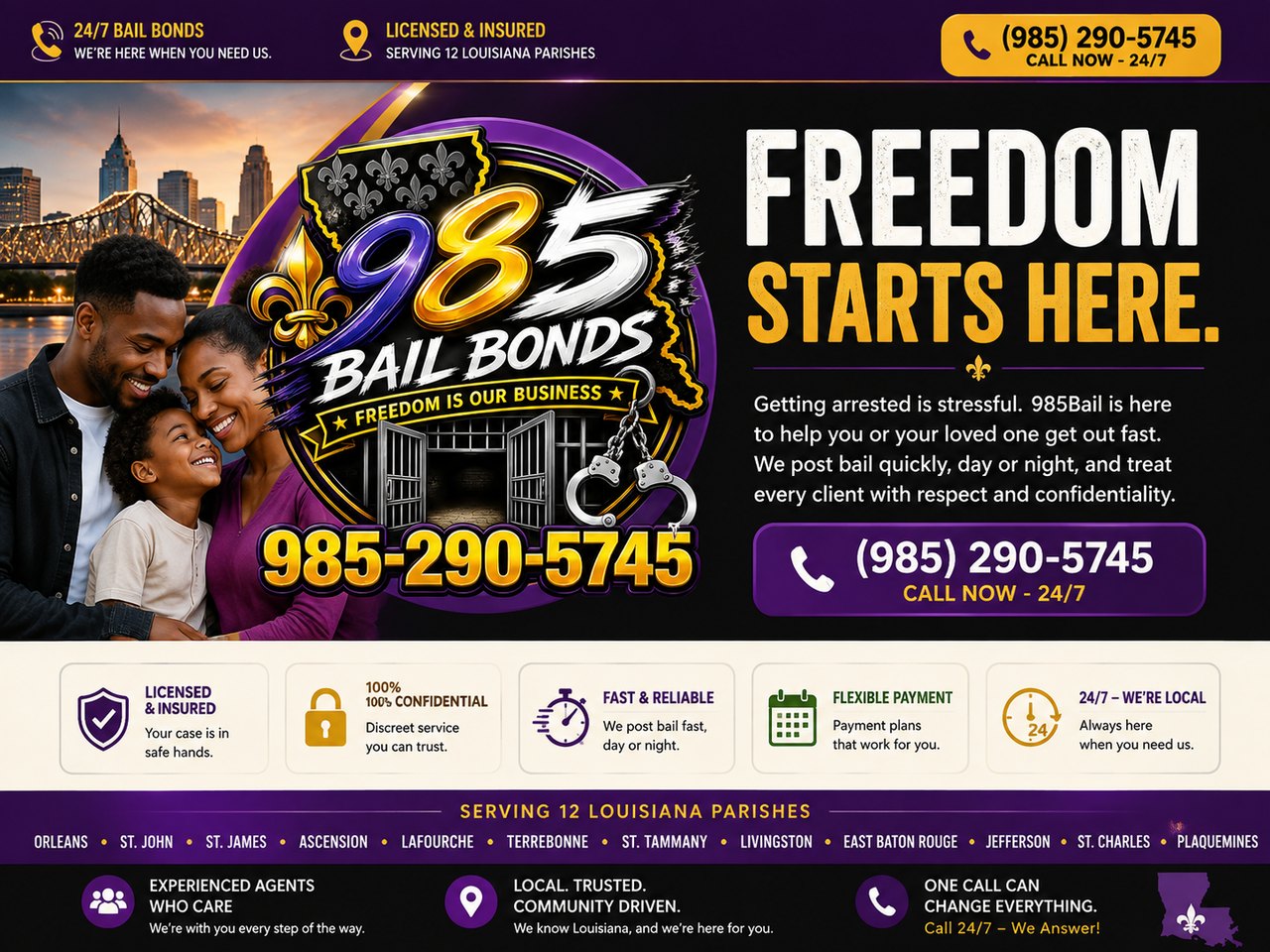 985 Bail Bonds — Freedom Starts Here. Call 985-290-5745, 24/7.