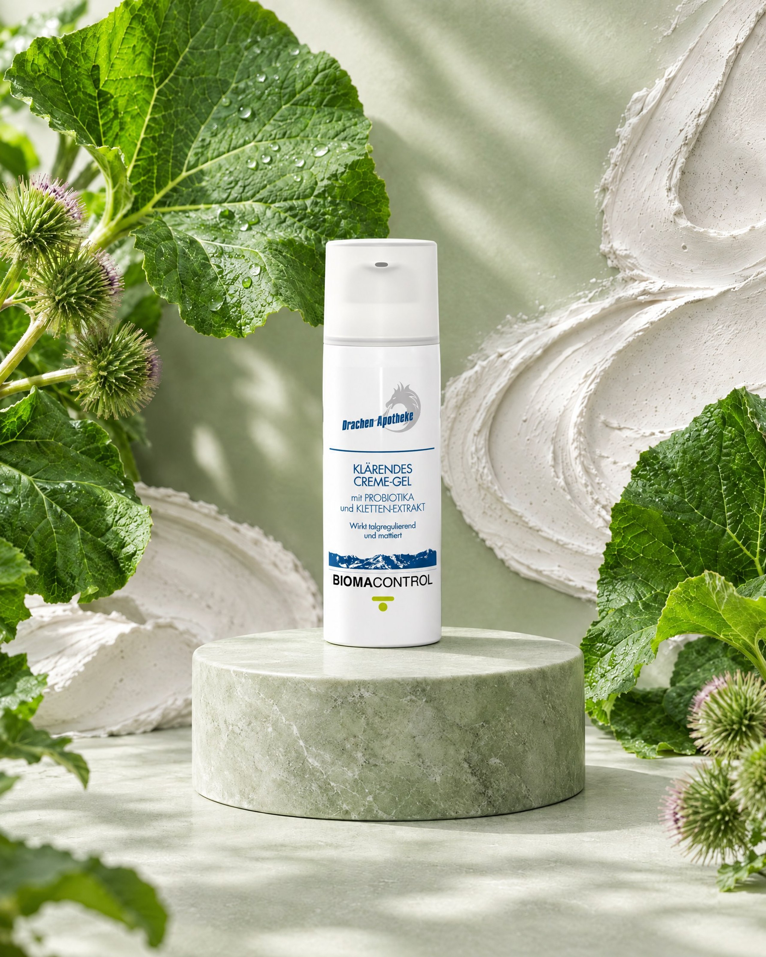 Klärendes Creme-Gel zwischen Klettenblättern (KI-generiert)