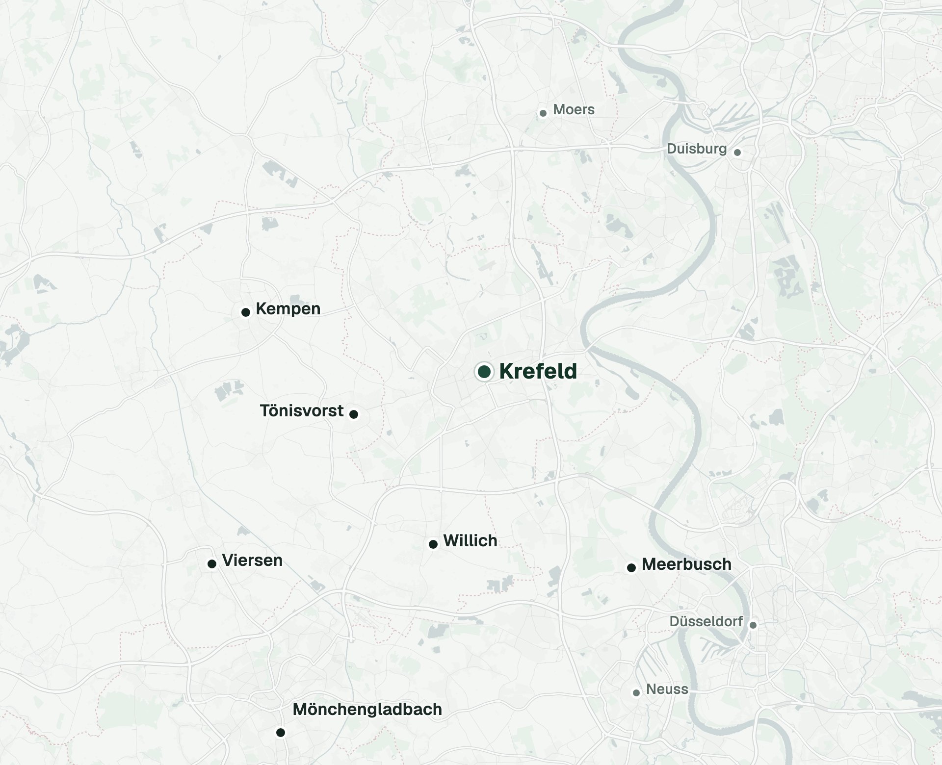 Karte des Niederrheins: Krefeld in der Mitte, dazu Kempen, Tönisvorst, Viersen, Willich, Mönchengladbach, Meerbusch sowie Moers, Duisburg, Neuss und Düsseldorf