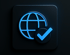Blau leuchtendes Globus-Symbol mit einem Häkchen auf einem quadratischen, schwarzen Button.