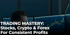 Mann blickt auf zwei Monitore mit Finanzdiagrammen, Text: TRADING MASTERY: Stocks, Crypto & Forex For Consistent Profits.