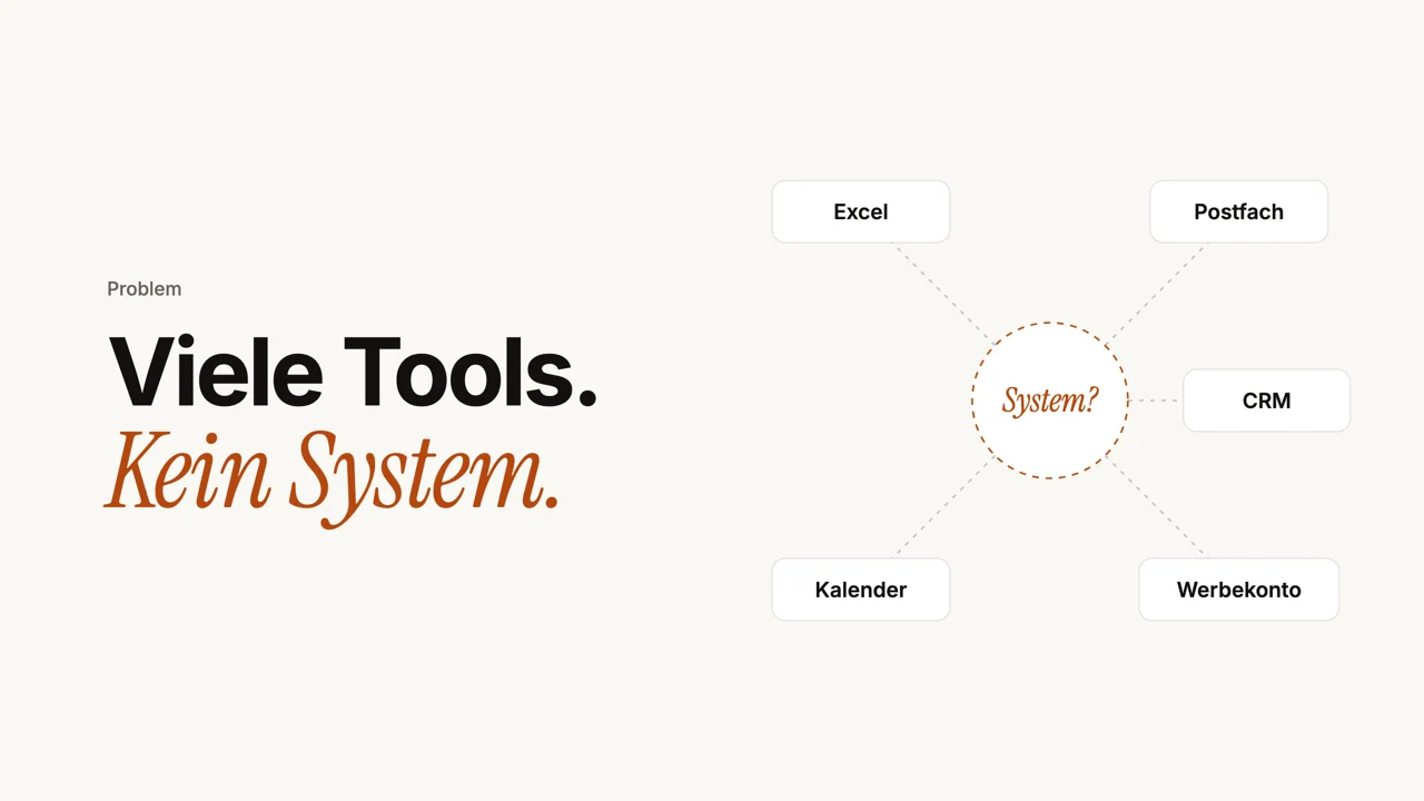 Standbild aus dem Film: Viele Tools, kein System. Fünf Werkzeuge ohne Verbindung um einen leeren Kreis.