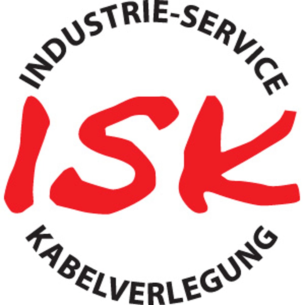 Logo: Rote Buchstaben "ISK" mit "INDUSTRIE-SERVICE" darüber und "KABELVERLEGUNG" darunter.