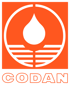 Oranges Logo mit einem weißen Wassertropfen in einem Kreis und horizontalen Linien, darunter der orangefarbene Text "CODAN".