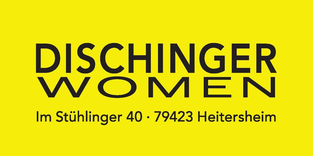 Schwarzer Text „DISCHINGER WOMEN Im Stühlinger 40 · 79423 Heitersheim“ auf gelbem Hintergrund.