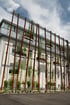 Moderne Fassadenbegrünung mit vertikalen Holzpfosten, Rankpflanzen und Blumenkästen vor einem hellen Bürogebäude.