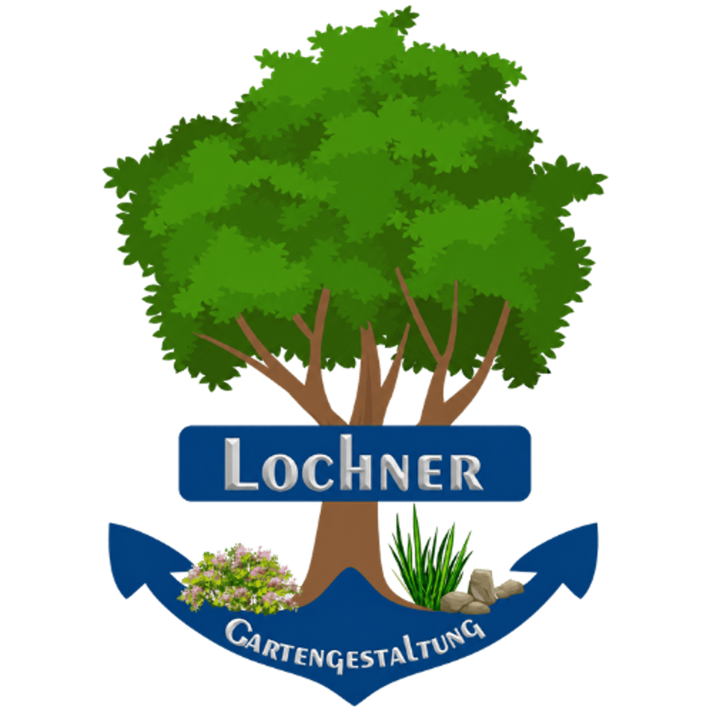 Logo Lochner Gartengestaltung mit grünem Laubbaum, Blumen, Gräsern und Steinen über einem blauen Anker auf schwarzem Grund.