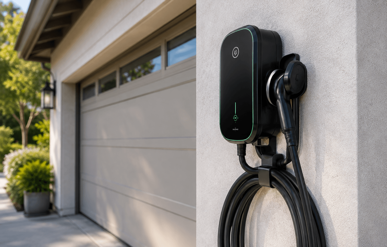 Level 2 EV charger on a garage wall