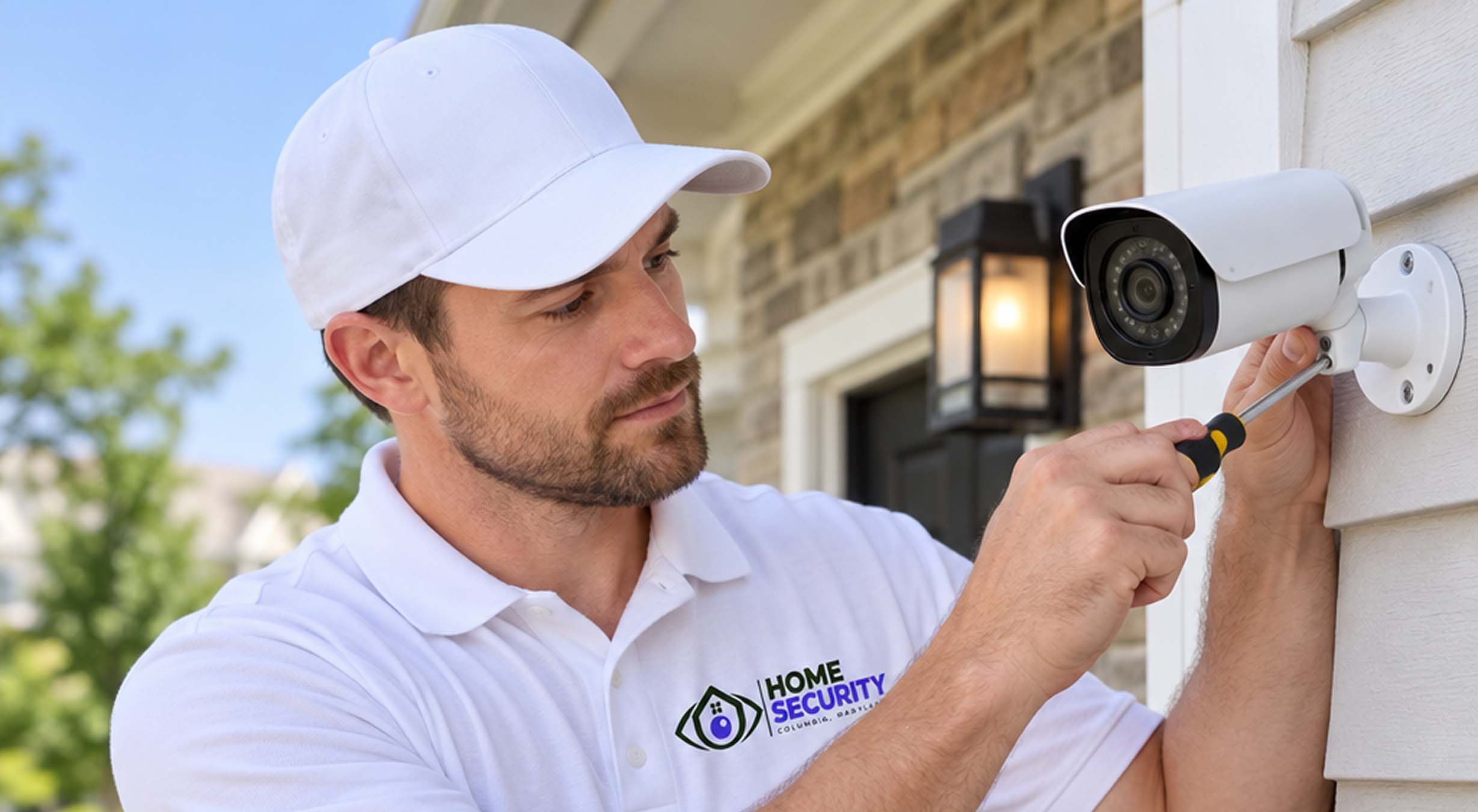 Dome security camera mounted on the corner of a house