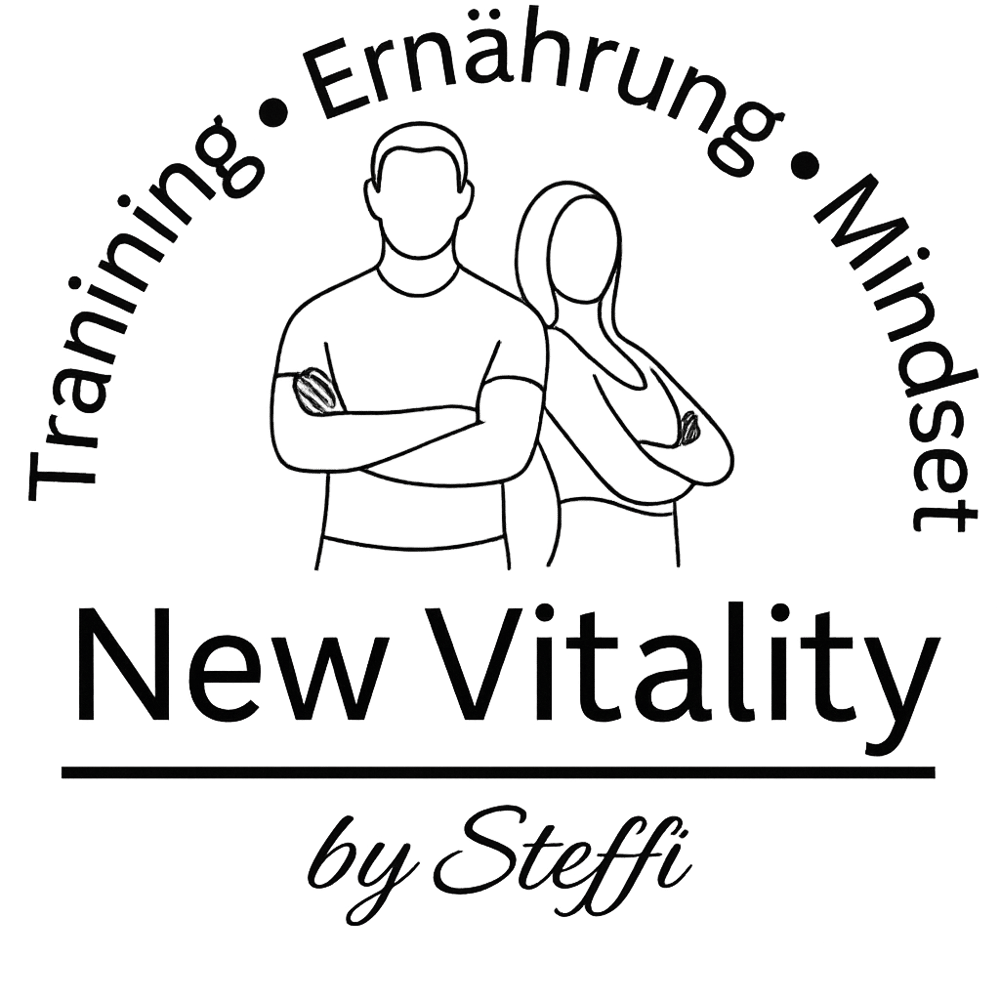 Logo: "Training, Ernährung, Mindset" umrissene Figuren, darunter "New Vitality by Steffi".