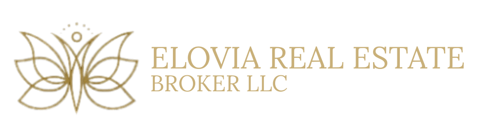 Logo mit weißem stilisiertem Schmetterling und Text "ELOVIA REAL ESTATE BROKER LLC" auf grünem Hintergrund.