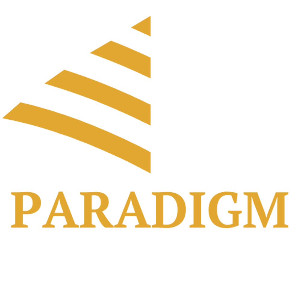 A stacked pyramid logo in gold and white with "PARADIGM" above "HOLDINGS" text on a dark green background.