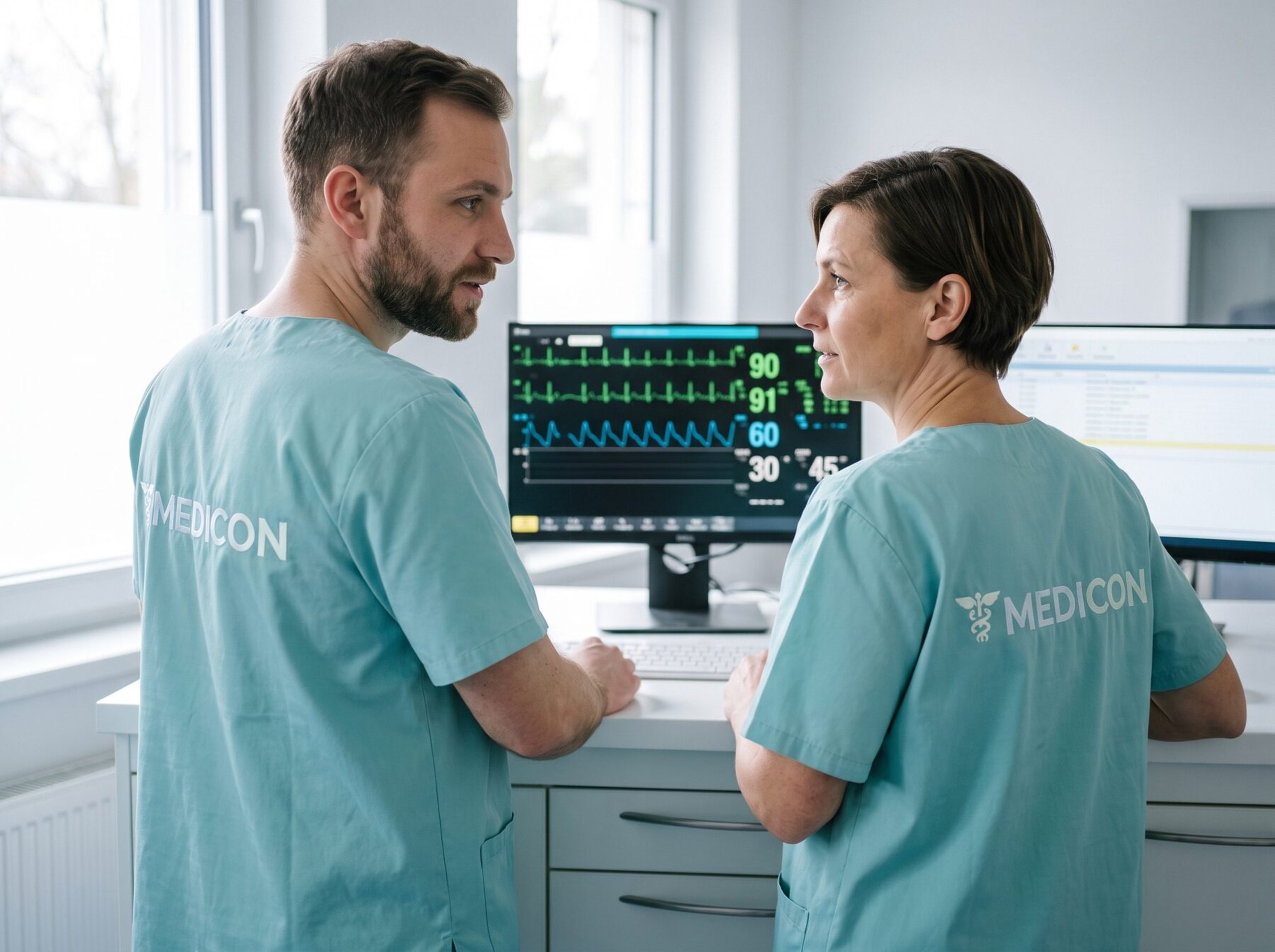 Zwei Medicon-Intensivpflegekräfte am Monitor