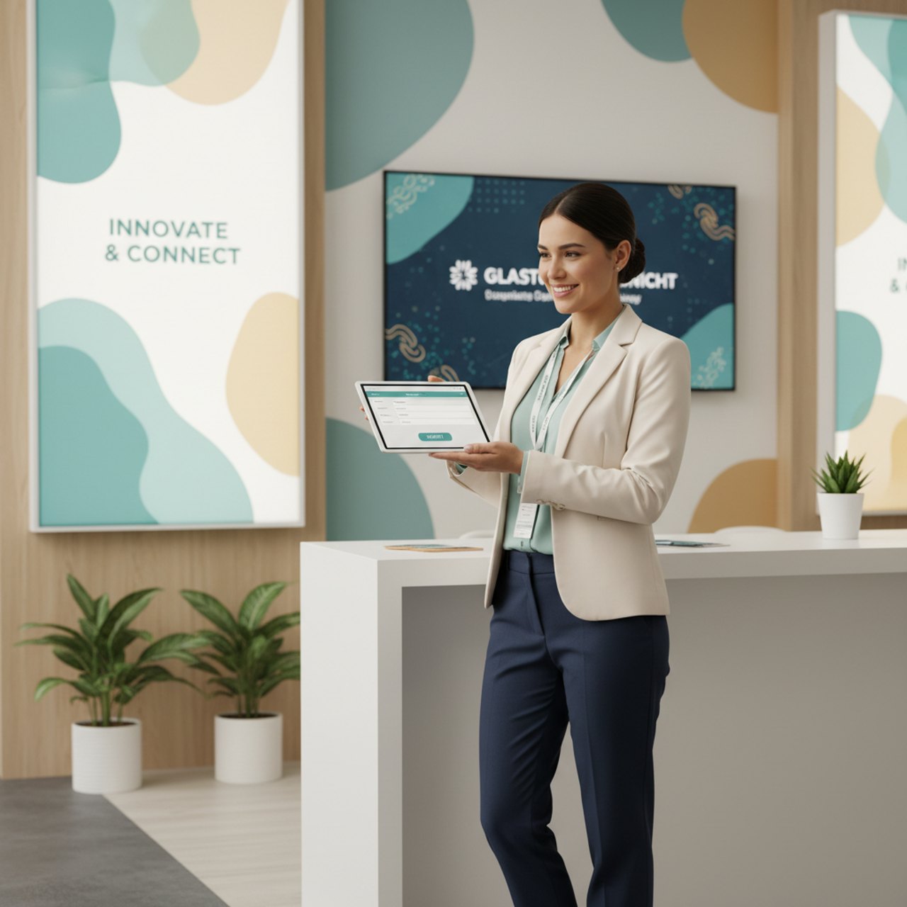 An events team member capturing a lead on a tablet at a trade show booth
