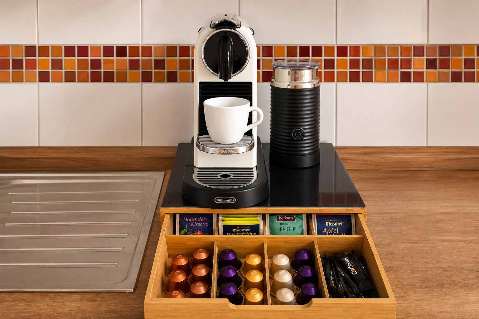 Kaffeestation mit Nespresso-Maschine, Milchaufschäumer und Teeauswahl