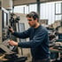Mann mit Schutzbrille bedient CNC-Maschine in einer Werkstatt.