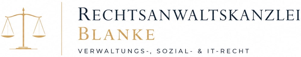 Goldene Waage neben dem Text "RECHTSANWALTSKANZLEI BLANKE VERWALTUNGS-, SOZIAL- & IT-RECHT".