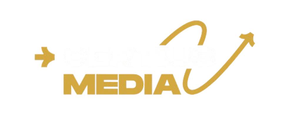 Logo von Certius Media mit weißem und goldenem Text auf schwarzem Hintergrund sowie einem geschwungenen Pfeilsymbol.
