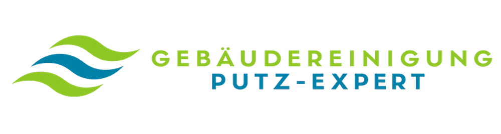Logo der Gebäudereinigung Putz-Expert mit geschwungenen Wellenformen in Grün und Blau auf schwarzem Hintergrund.